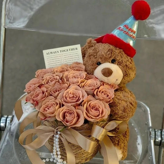 Teddy Bear with Birthday Hat and Elegant Rose Bouquet in a Decorative Basket