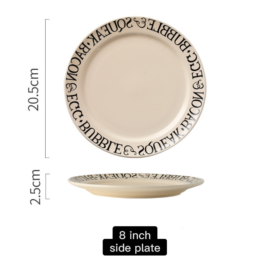 Beige side plate with black text and measurements on a white background
