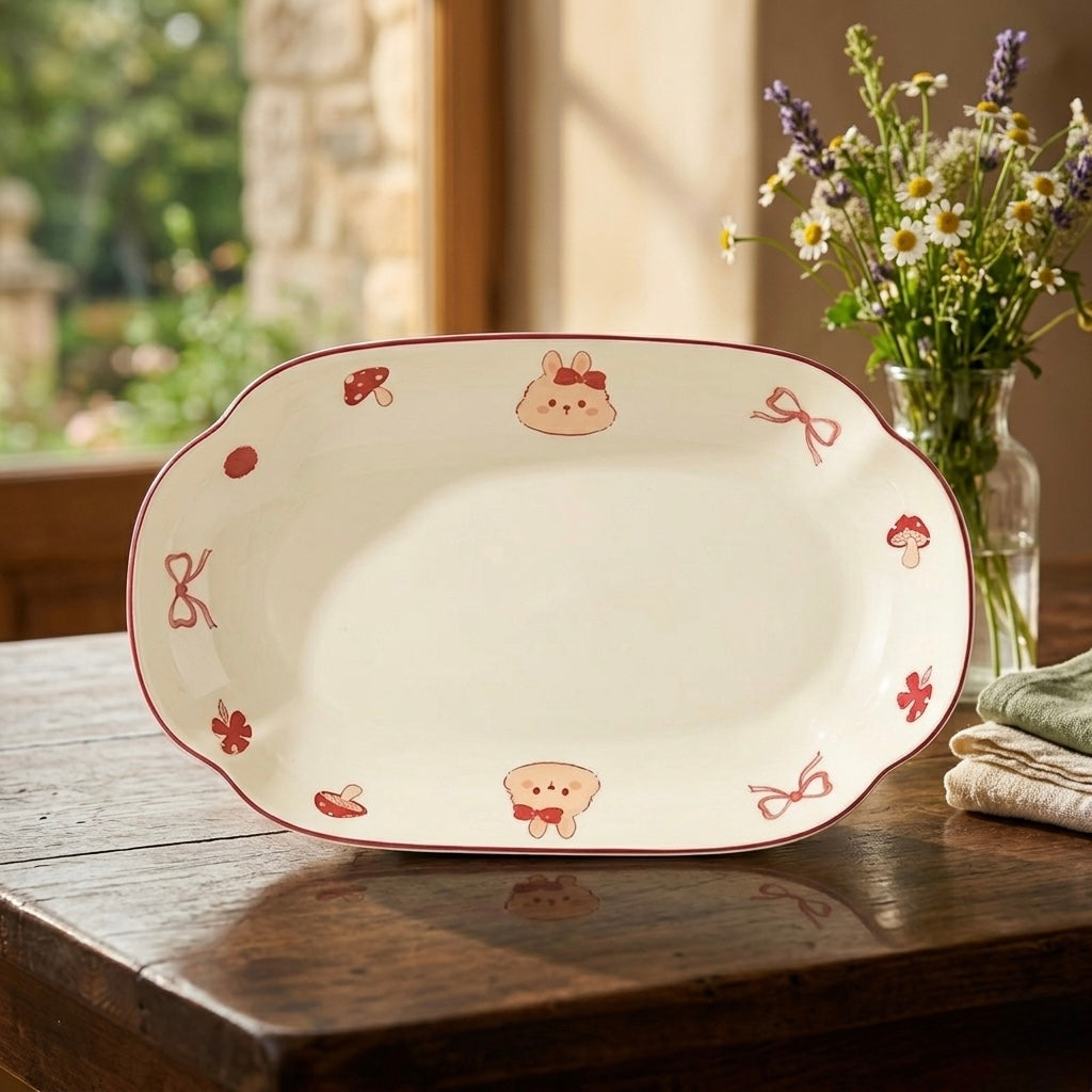 Decorative oval plate with cartoon bear design on a wooden table with flowers in the background