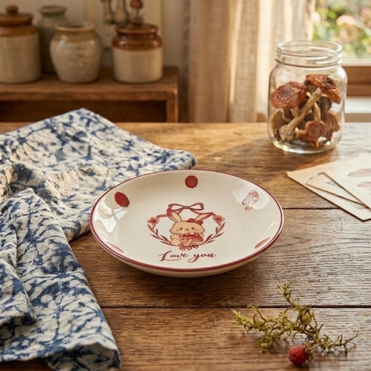 Ceramic plate with rabbit design and 'I love you' text on a wooden table.