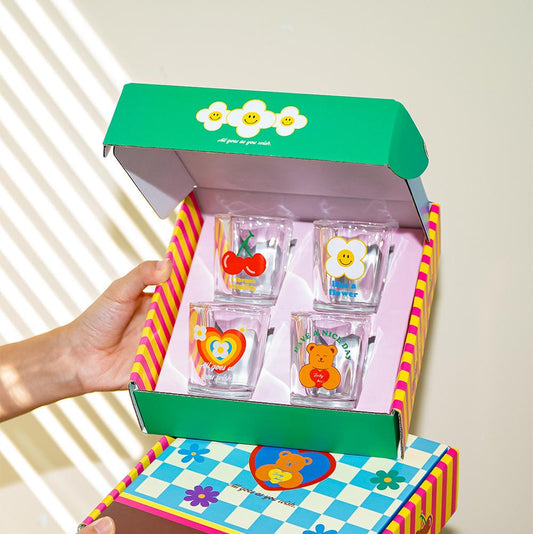 Kawaii Rainbow Flower Soju Glass Set - 4-piece gift box packaging open showing all glasses