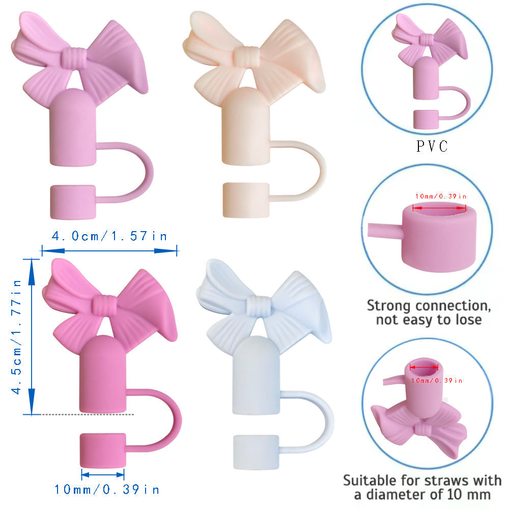 Cute bow-shaped straw caps in pastel colors, designed for 10mm straws, made of PVC with a secure, flexible fit.