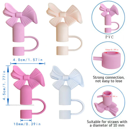 Cute bow-shaped straw caps in pastel colors, designed for 10mm straws, made of PVC with a secure, flexible fit.