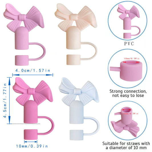 Cute bow-shaped straw caps in pastel colors, designed for 10mm straws, made of PVC with a secure, flexible fit.