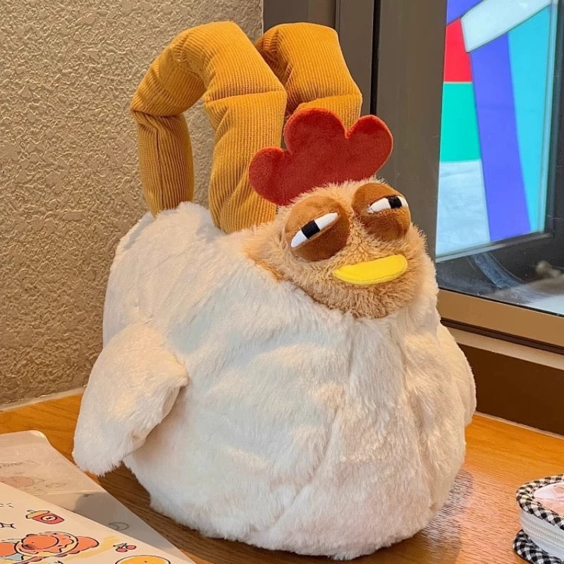 Funny plush commuter bag shaped like a sleepy-eyed chicken, featuring soft materials and sturdy corduroy handles.