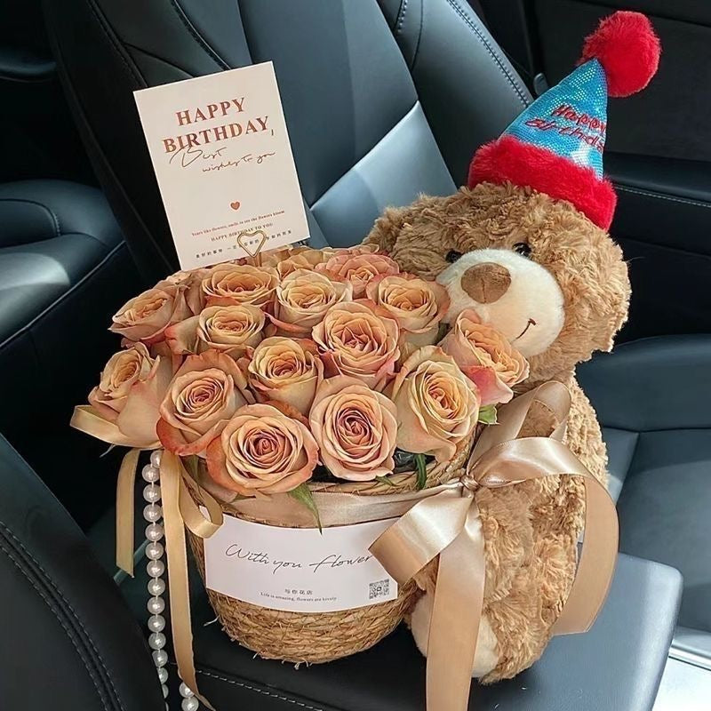 Luxury Teddy Bear & Rose Bouquet with Gift Bag and LED Light