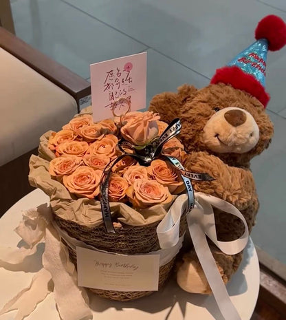 Luxury Teddy Bear & Rose Bouquet with Gift Bag and LED Light