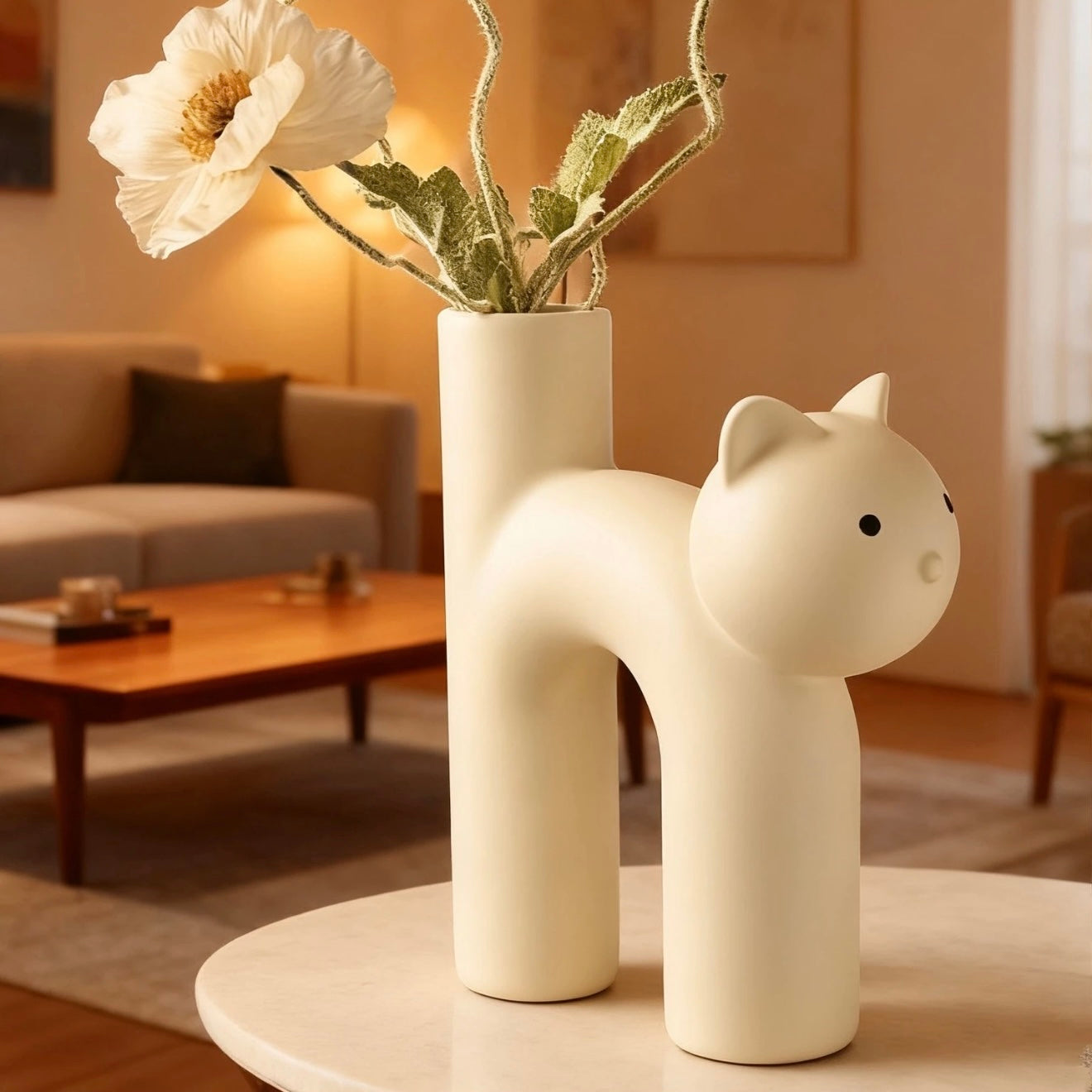 Cat-shaped vase with a flower on a table in a living room setting