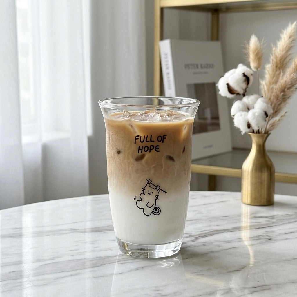 A clear glass cup with black printed text reading 'FULL OF HOPE' and a small cat illustration, filled with an iced coffee drink, set on a marble table in a bright indoor setting.