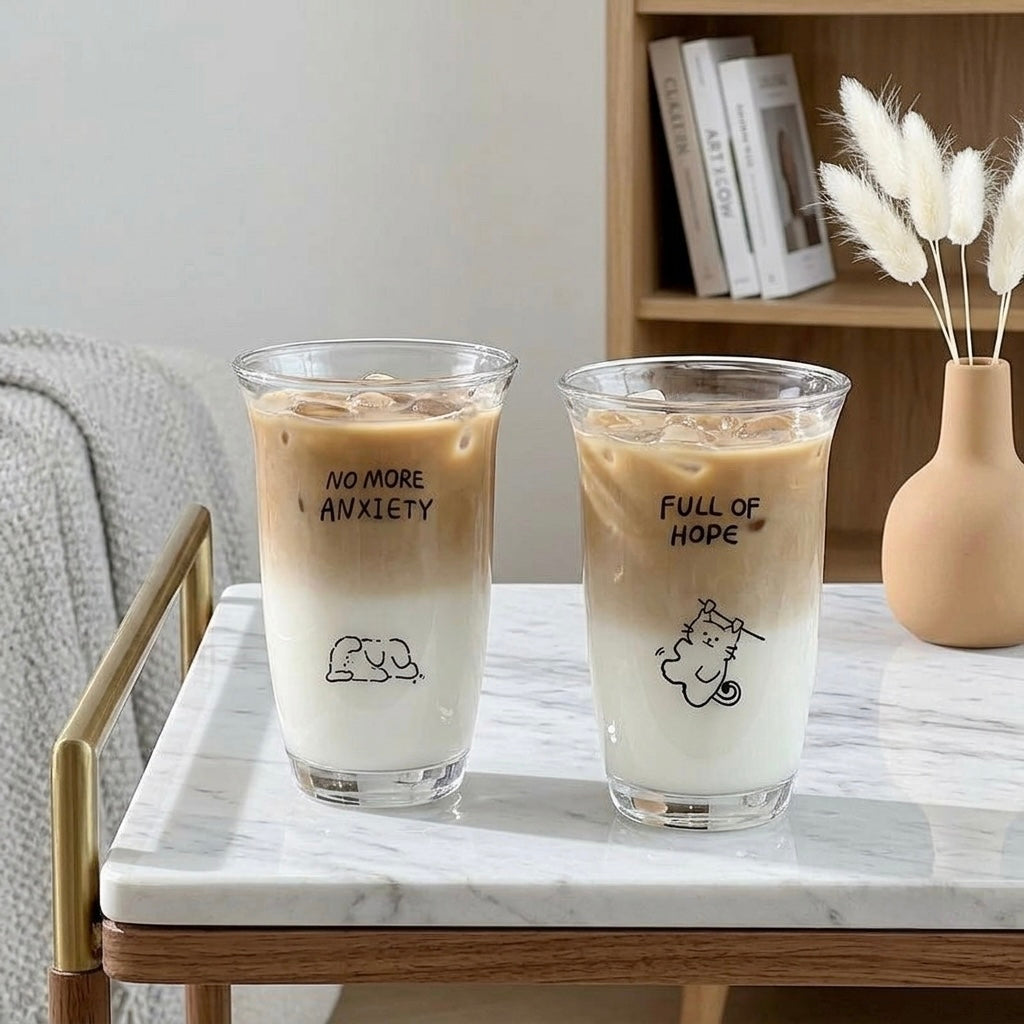 Two clear glasses cups filled with iced coffee and milk, printed with black text and cartoon drawings, sitting on a marble tray table in a cozy room setting.