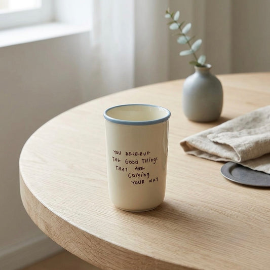 A cream-colored ceramic mug with a blue rim sits on a light wood table, featuring the handwritten text 'YOU BE-UP THE Good Things THAT ARE COMING YOUR WAY'. In the background, a small gray vase with a sprig of eucalyptus and a folded linen napkin are visible on a matching wooden table.