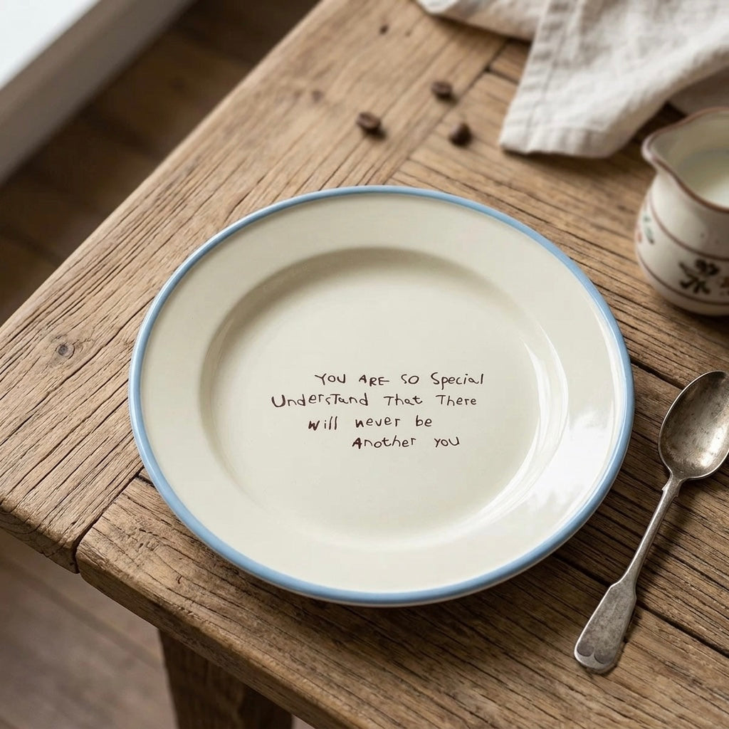 A round ceramic plate with a light blue rim sits on a rustic wooden table. Handwritten text in the center reads, 'YOU ARE SO SPECIAL Understanding That There will never be another you.