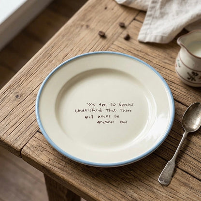 A round ceramic plate with a light blue rim sits on a rustic wooden table. Handwritten text in the center reads, 'YOU ARE SO SPECIAL Understanding That There will never be another you.