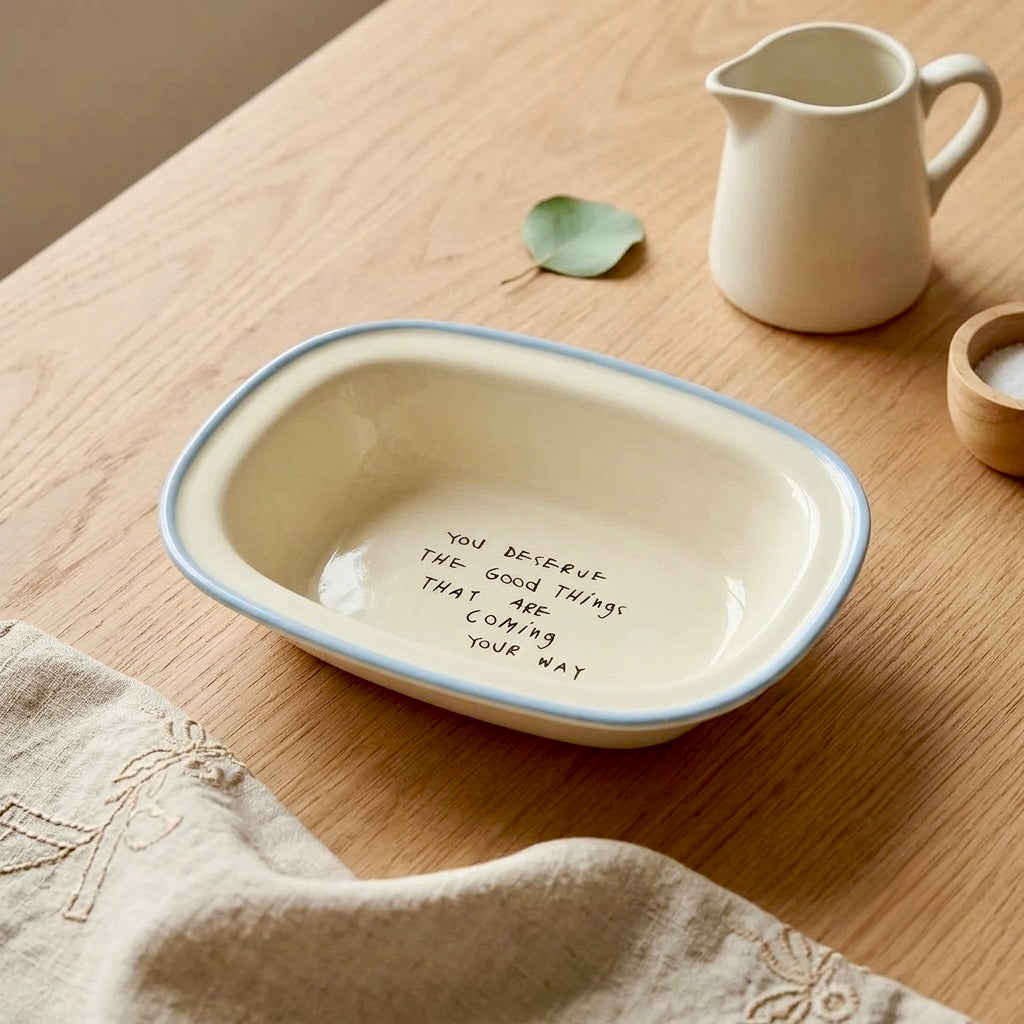 Ceramic Dinner Collection in Cream & Blue Rim