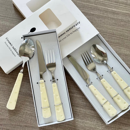 Set of silverware with cream-colored handles in a box on a textured surface