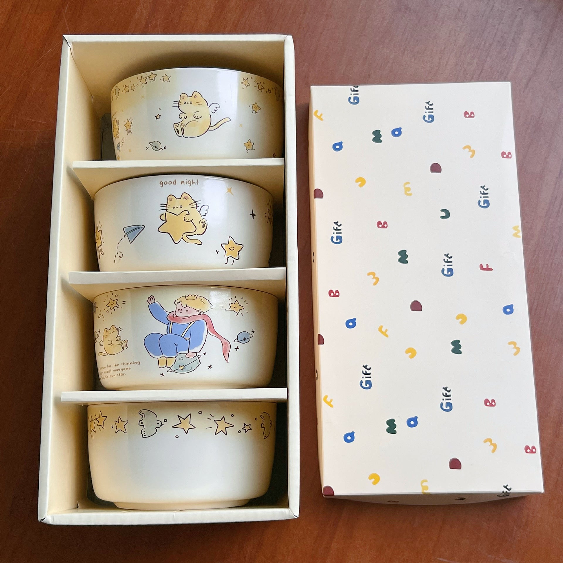 Star Prince themed ceramic bowl gift set with four illustrated bowls in a box