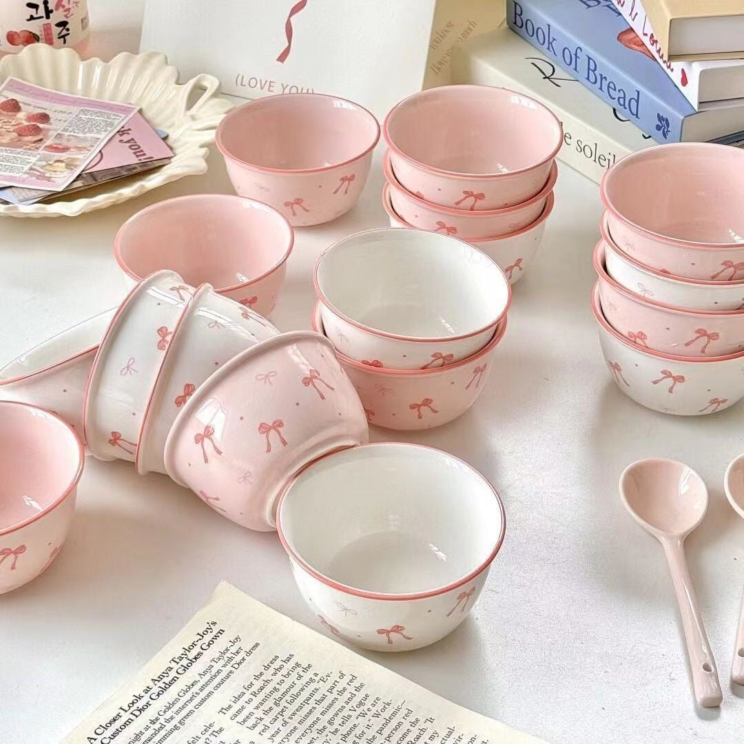 Pink Ceramic Bowl and Spoon Set with Bow Design