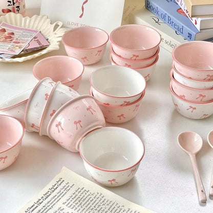 Pink Ceramic Bowl and Spoon Set with Bow Design