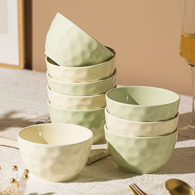 Ripple Textured Ceramic Bowl Set in Soft Cream and Green, Perfect for Dining