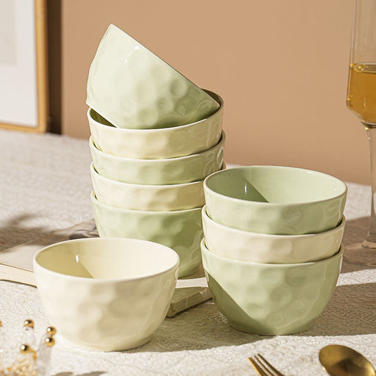 Ripple Textured Ceramic Bowl Set in Soft Cream and Green, Perfect for Dining