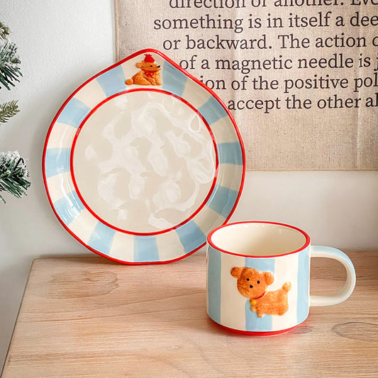 Cute birthday dog mug and plate set with pastel blue and cream-striped design, featuring a 3D dog decoration.
