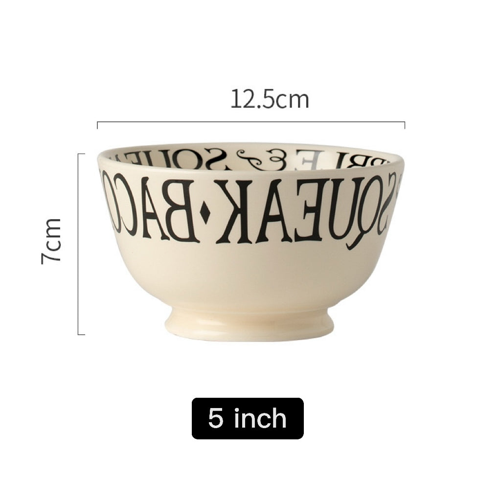 Ceramic bowl with text and measurements on a white background