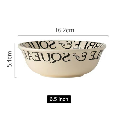 Ceramic bowl with text design and measurements on a white background