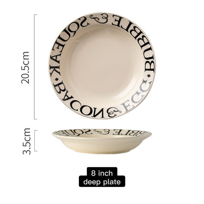 Beige deep plate with black text and measurements on a white background