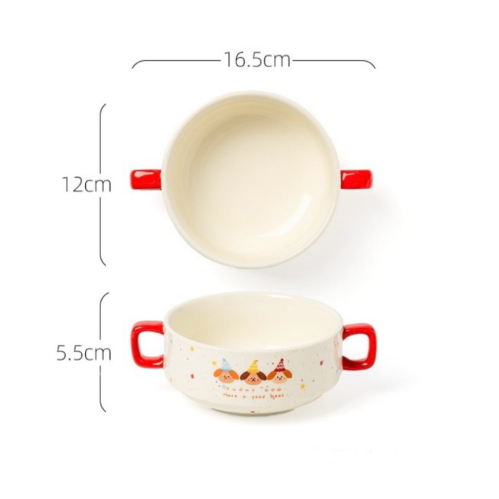 Measurement chart of a ceramic bowl with red handles on a white background