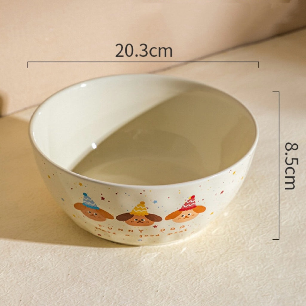 Ceramic bowl with cartoon characters and measurements on a beige background