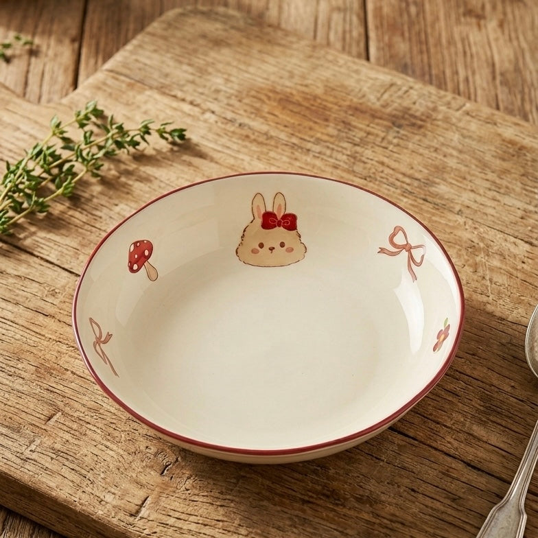 Ceramic bowl with cartoon rabbit design on a wooden surface
