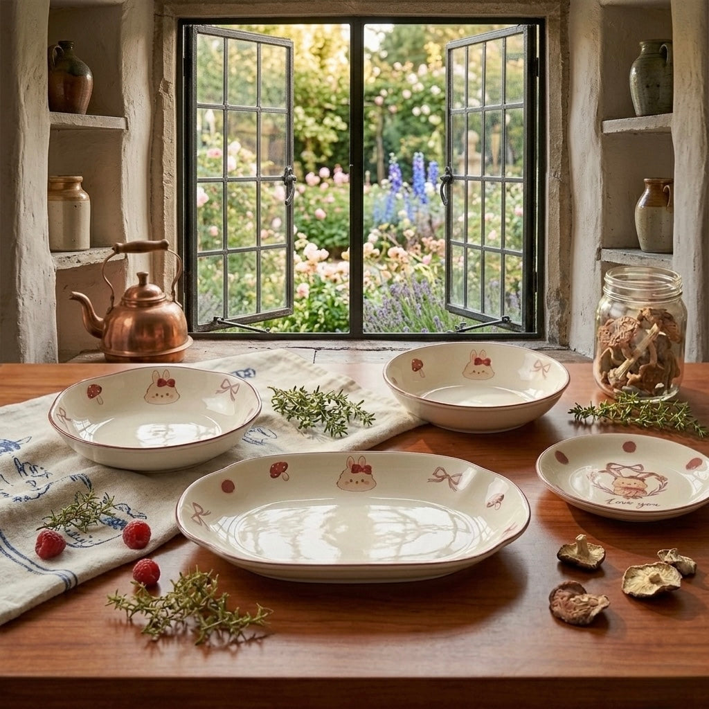 Ceramic dishes on a wooden table with a window view of a garden.
