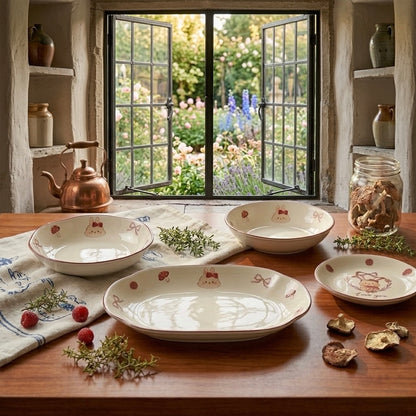 Ceramic dishes on a wooden table with a window view of a garden.
