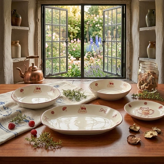 Ceramic dishes on a wooden table with a window view of a garden.