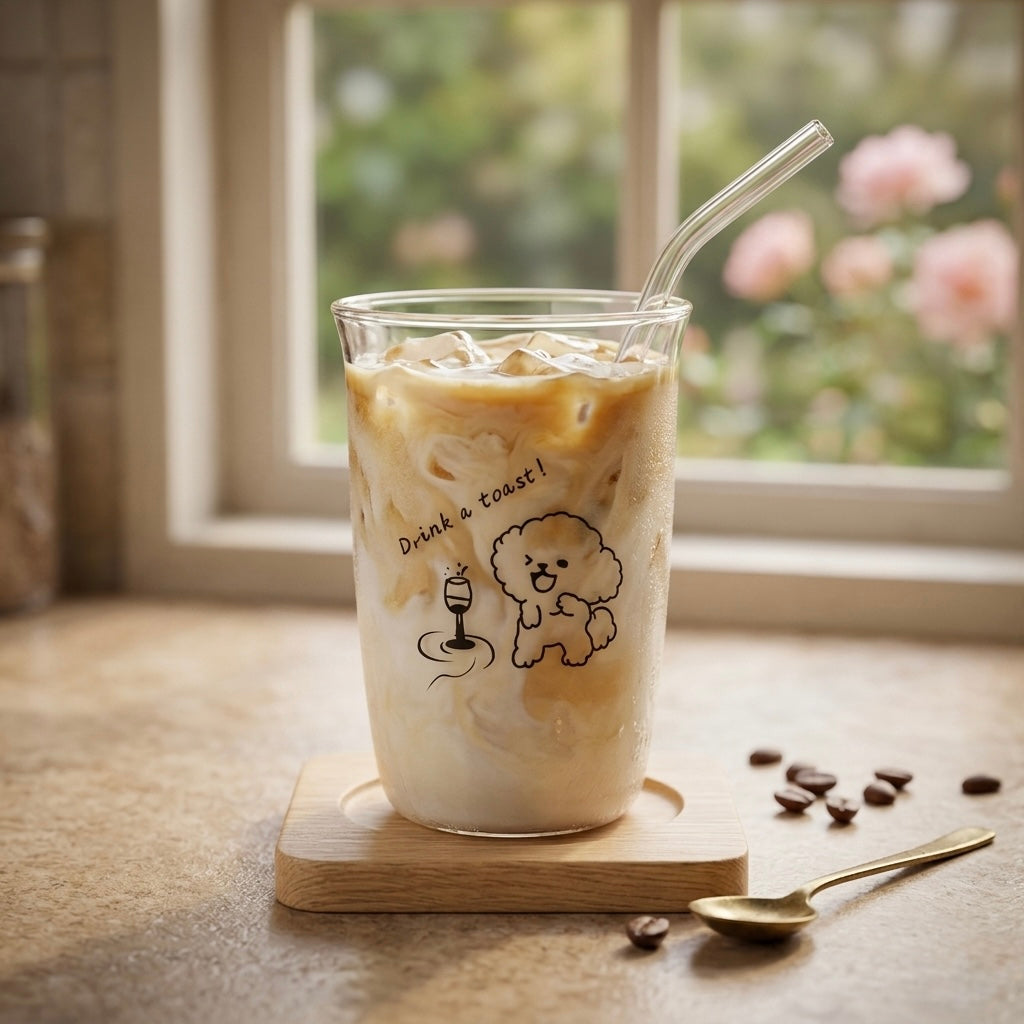 Glass of iced coffee with a straw on a wooden coaster, surrounded by coffee beans and a spoon, with a blurred outdoor background.