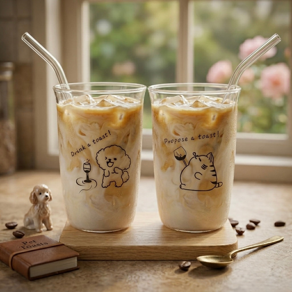 Two glasses of iced coffee with straw on a wooden coaster, featuring cute animal illustrations.