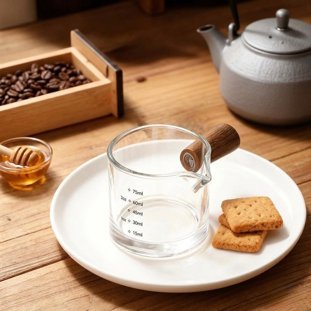 Clear glass measuring cup with wooden handle on a white plate, surrounded by tea-making items on a wooden table.