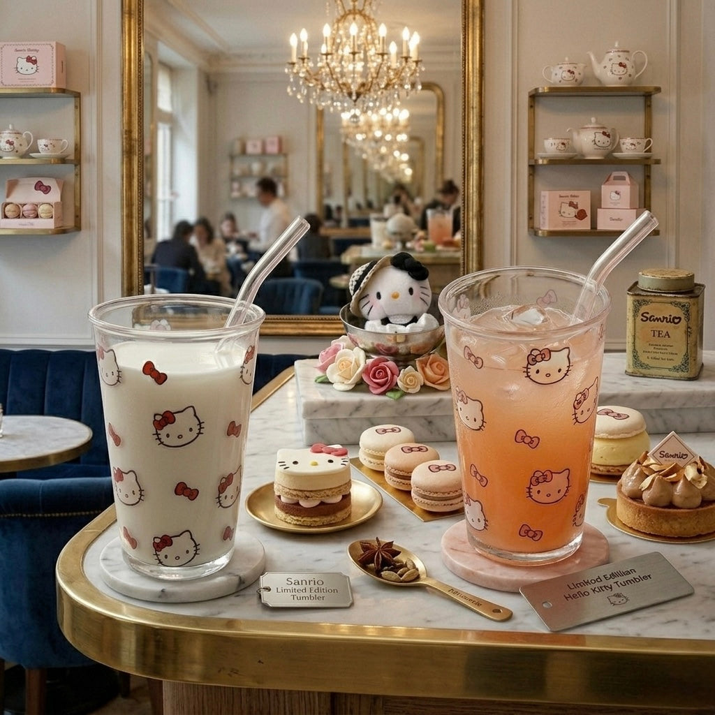 Two Hello Kitty themed glass tumblers on a marble table in a cafe setting. The left tumbler is filled with milk and decorated with a Hello Kitty pattern, while the right tumbler is filled with an orange iced drink and features a Hello Kitty coaster underneath.