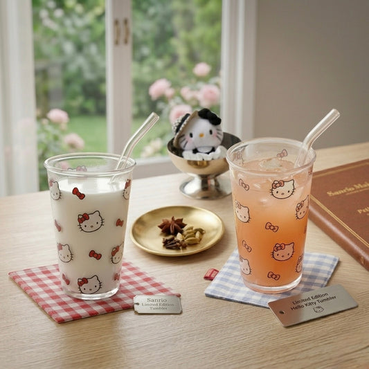 Two clear Hello Kitty drinking glasses with straw and printed Hello Kitty faces, shown on a wooden table in a real indoor setting near a window. One glass contains white milk and the other contains an orange drink.