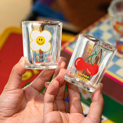 Kawaii Rainbow Flower Soju Glass Set - Like a Flower and Vibrant Fruity glasses held up close