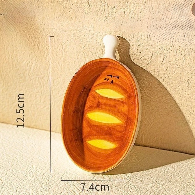 Wooden bread-shaped container with measurements on a beige background