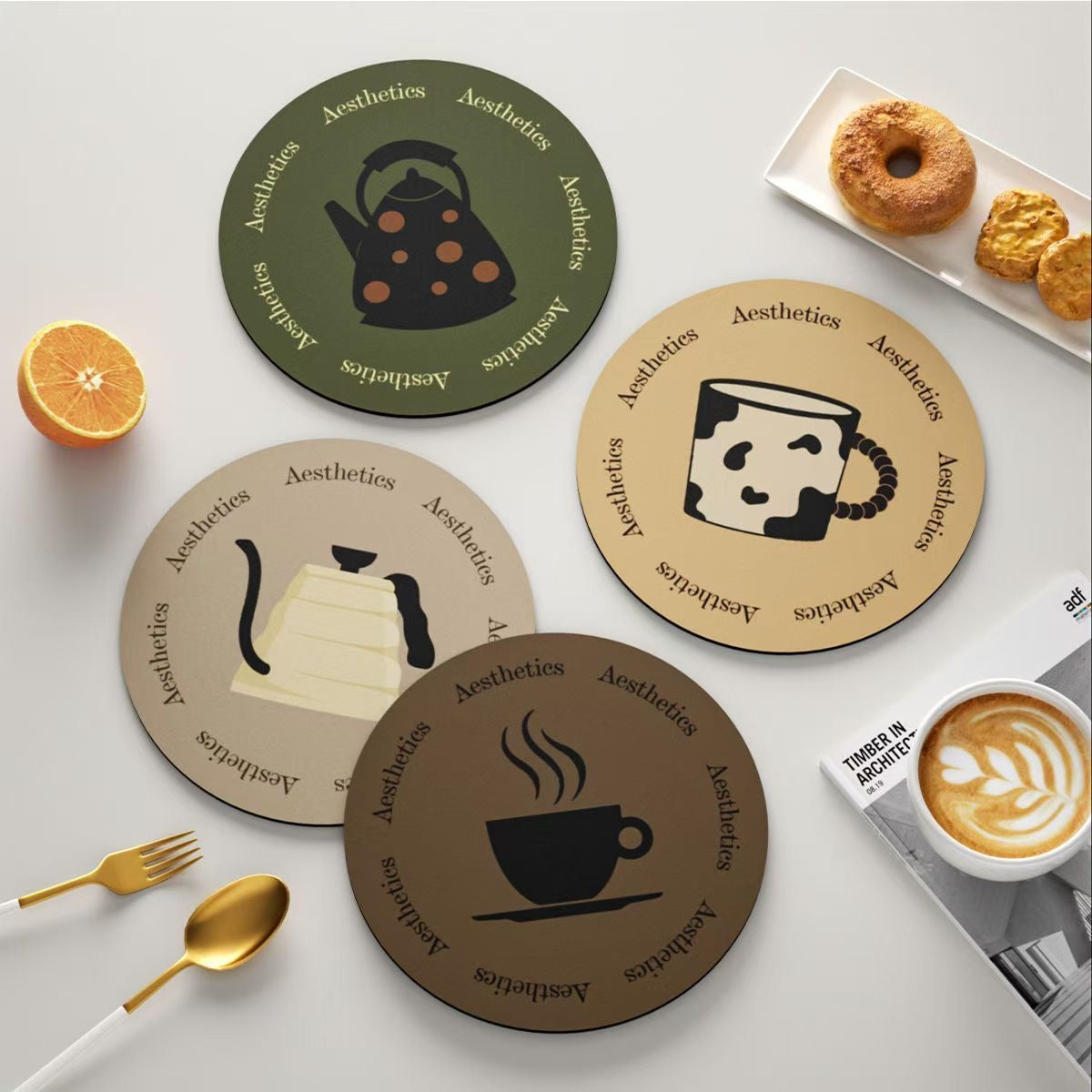 Aesthetic drinkware coasters featuring coffee and tea-themed illustrations in earthy tones.