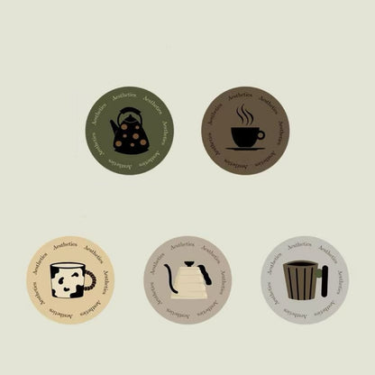 Set of five round stickers with coffee-themed illustrations on a beige background