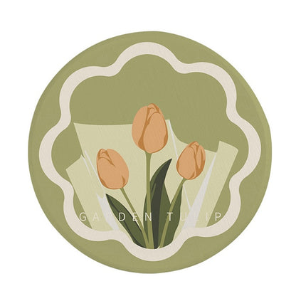 Illustration of tulips on a green background with 'Garden Tulip' text.