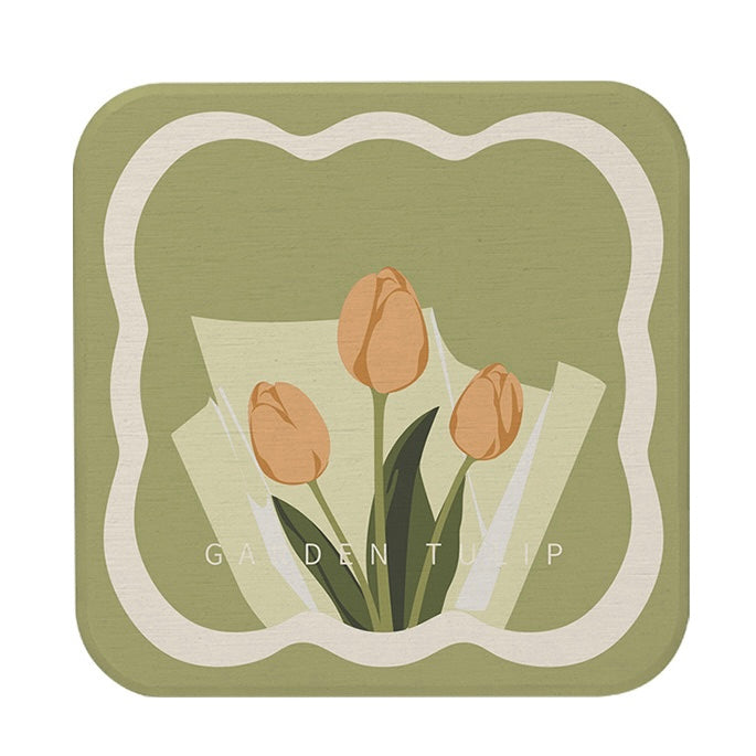 Coaster with tulip design and 'Garden Tulip' text on a green background