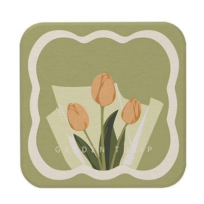 Coaster with tulip design and 'Garden Tulip' text on a green background