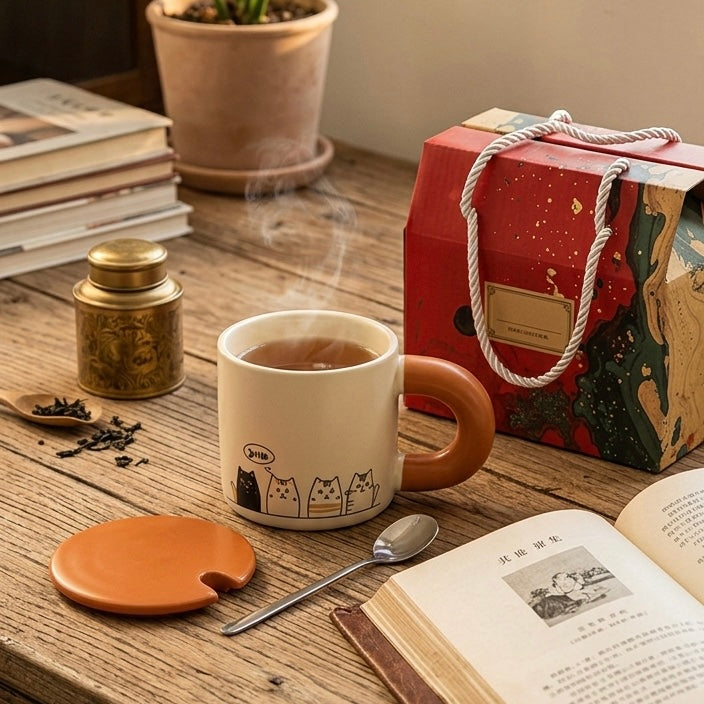 Cup of tea with a saucer, spoon, and open book on a wooden table.