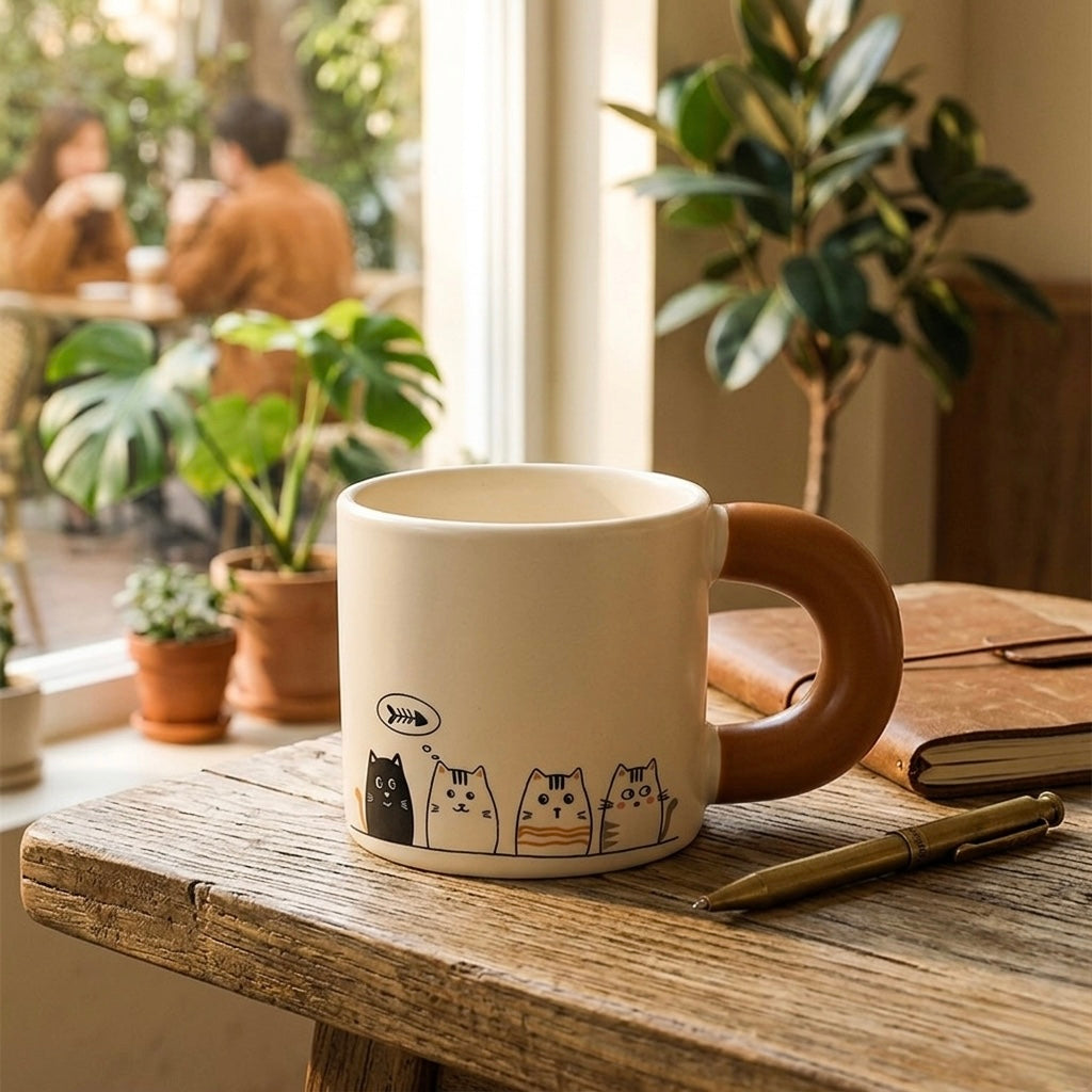 Mug with cat illustrations on a wooden table in a cozy cafe setting