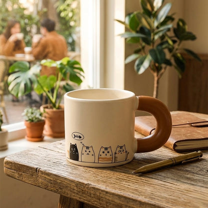 Mug with cat illustrations on a wooden table in a cozy cafe setting