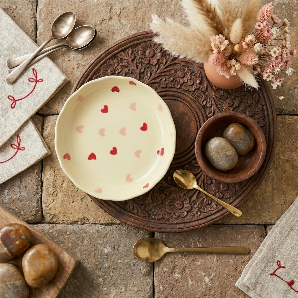 Decorative table setting with a plate, bowls, spoons, and stones on a stone surface.